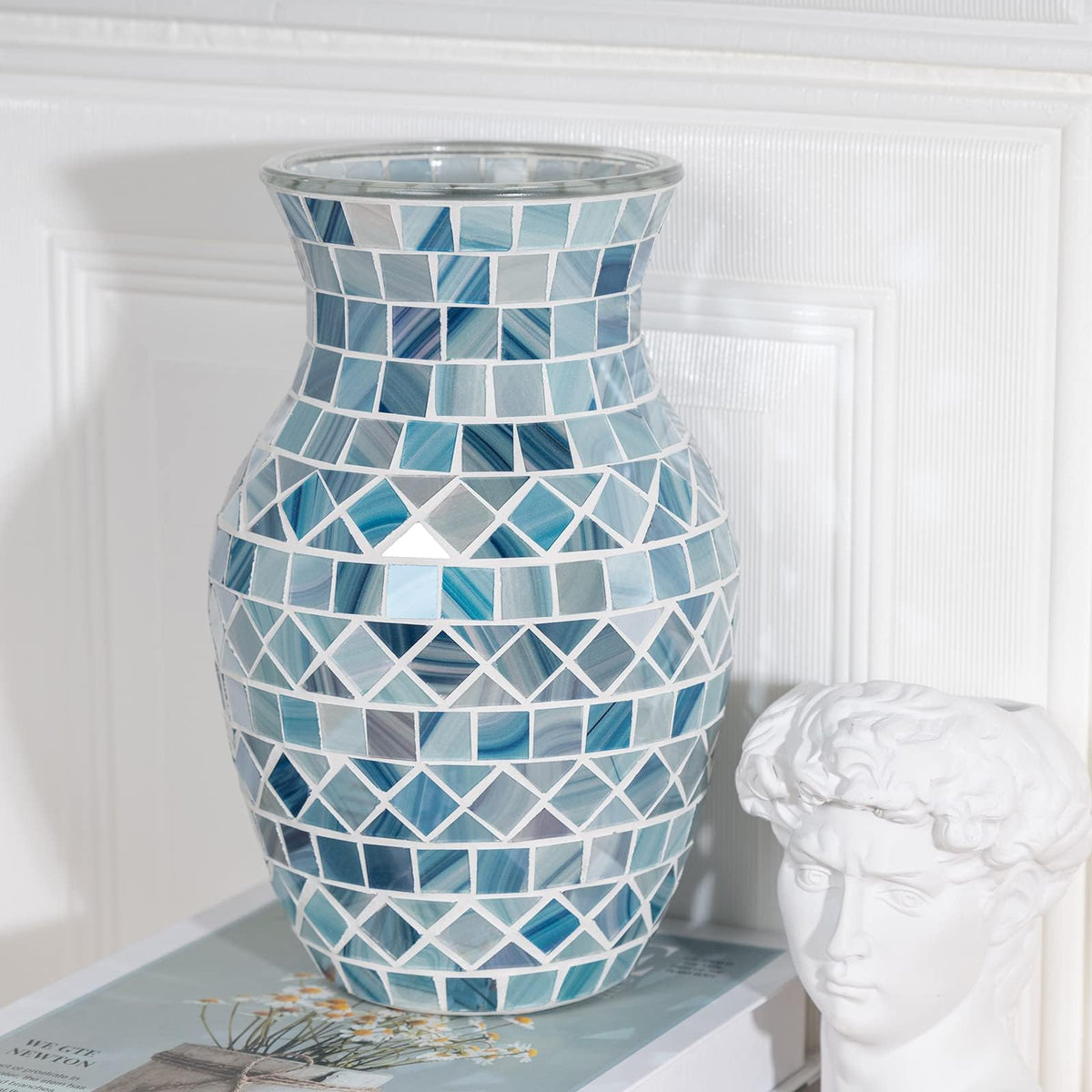 Braune Mosaik Glasvase, Dekovase aus Glas für Blumen und Tischdeko