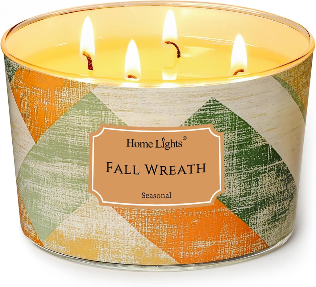 Home Lights Duftkerzen im glas 510g Soja Kerzen 4-Wick Kerzengläser Aromatherapie, Rauchfrei, 50h vollverbrannte Duftkerze Herbstkranz