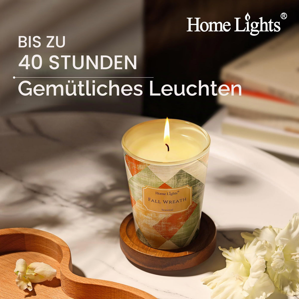Home Lights Duftkerzen im glas 510g Soja Kerzen 4-Wick Kerzengläser Aromatherapie, Rauchfrei, 50h vollverbrannte Duftkerze Herbstkranz