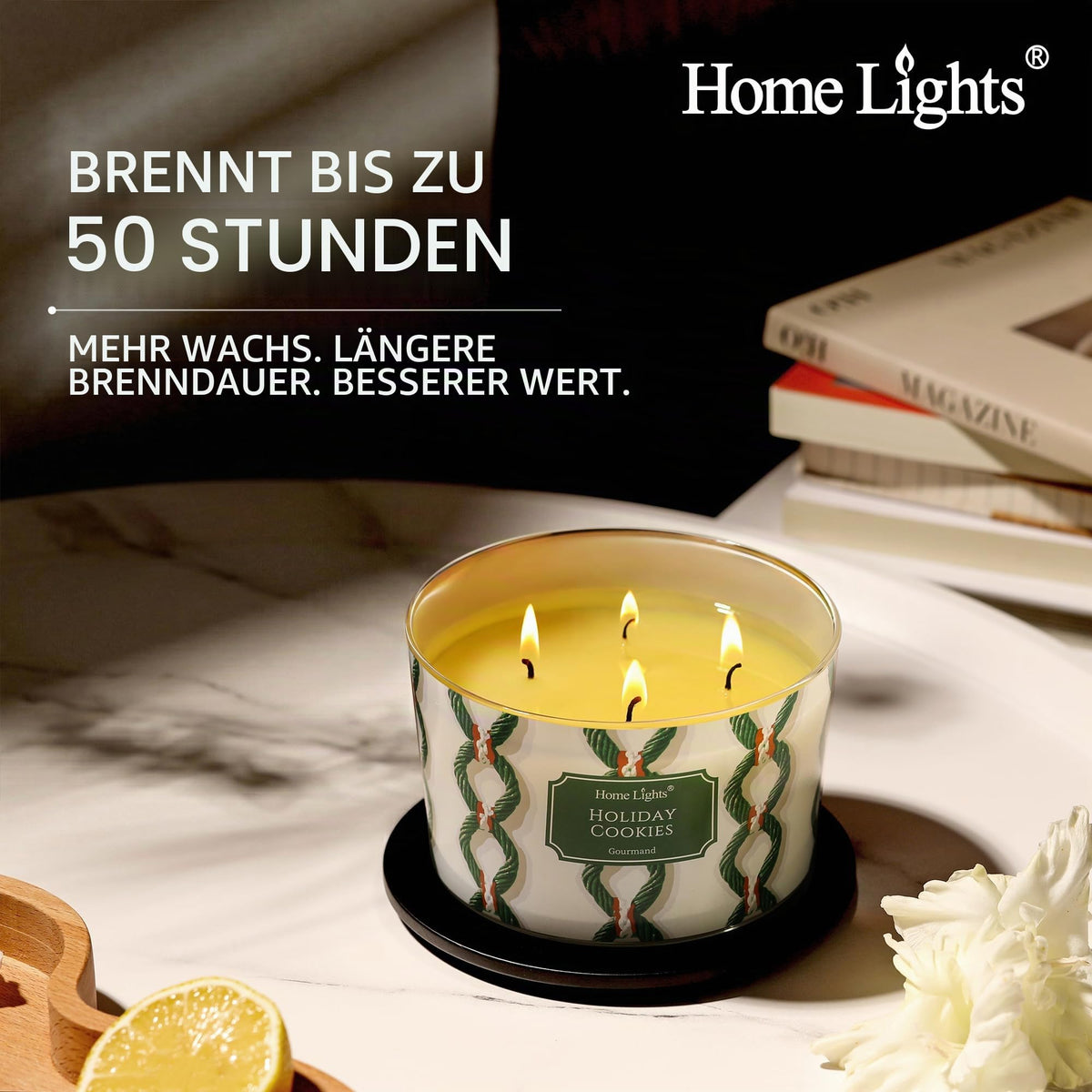 Home Lights Duftkerzen im glas 510g Soja Kerzen 4-Wick Kerzengläser Aromatherapie, Rauchfrei, 50h vollverbrannte Duftkerze Herbstkranz