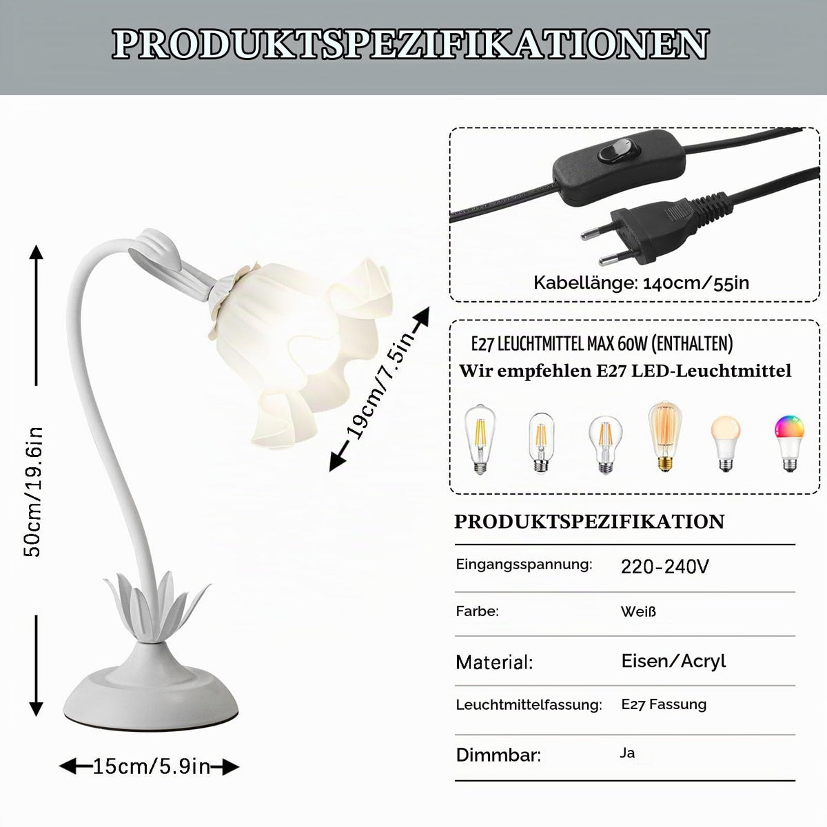 Blumen Schreibtischlampe,Schwanenhals DIY Bogenlampe Schreibtischlampe Mädchen mit Acrylschirm,Dimmbar Leselampe Tischlampe Vintage,Dopamine Decor für Wohnzimmer,Schlafzimmer,Bettseite,Grün