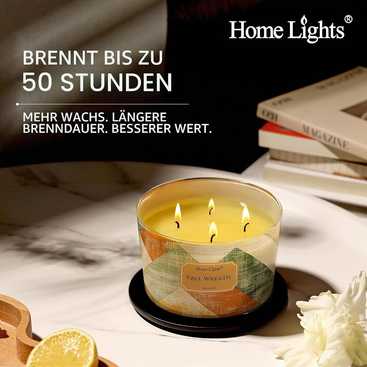 Home Lights Duftkerzen im glas 510g Soja Kerzen 4-Wick Kerzengläser Aromatherapie, Rauchfrei, 50h vollverbrannte Duftkerze Herbstkranz