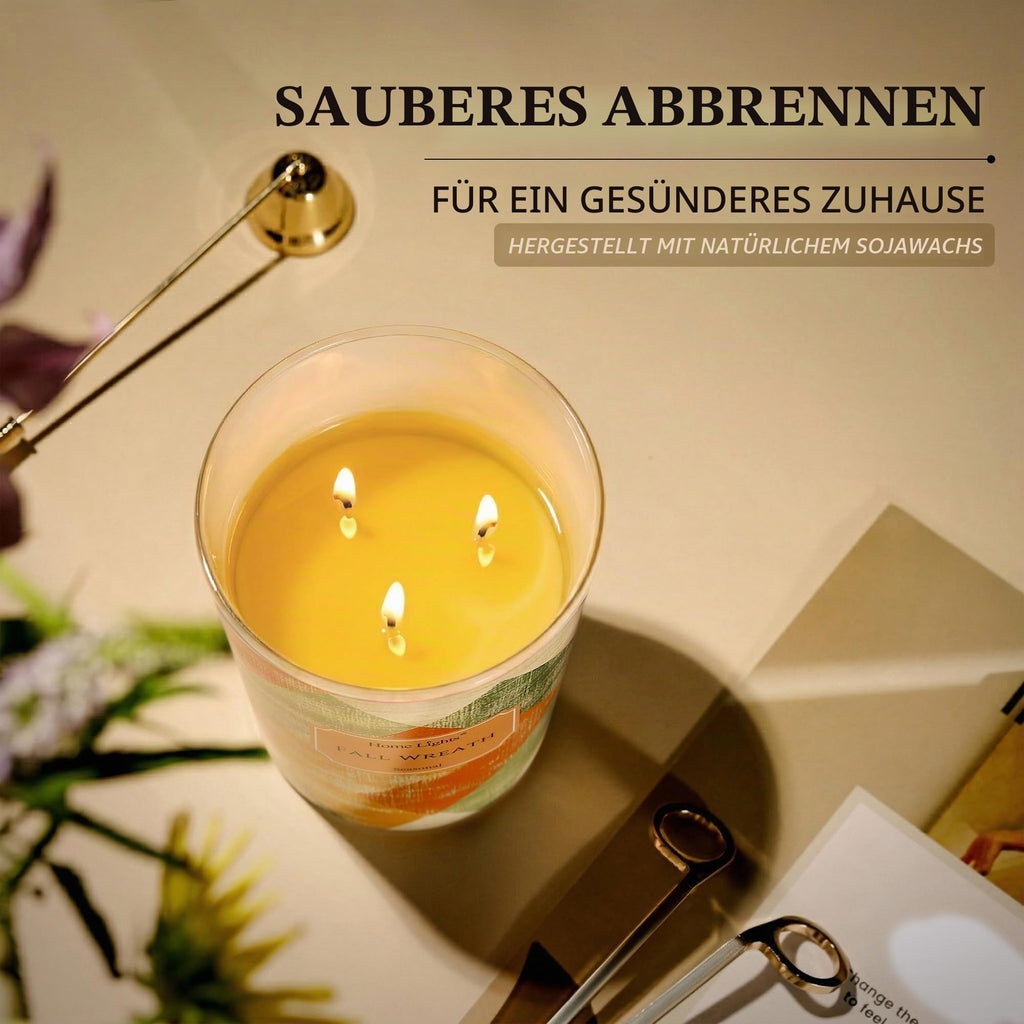 Home Lights Duftkerzen im glas 510g Soja Kerzen 4-Wick Kerzengläser Aromatherapie, Rauchfrei, 50h vollverbrannte Duftkerze Herbstkranz