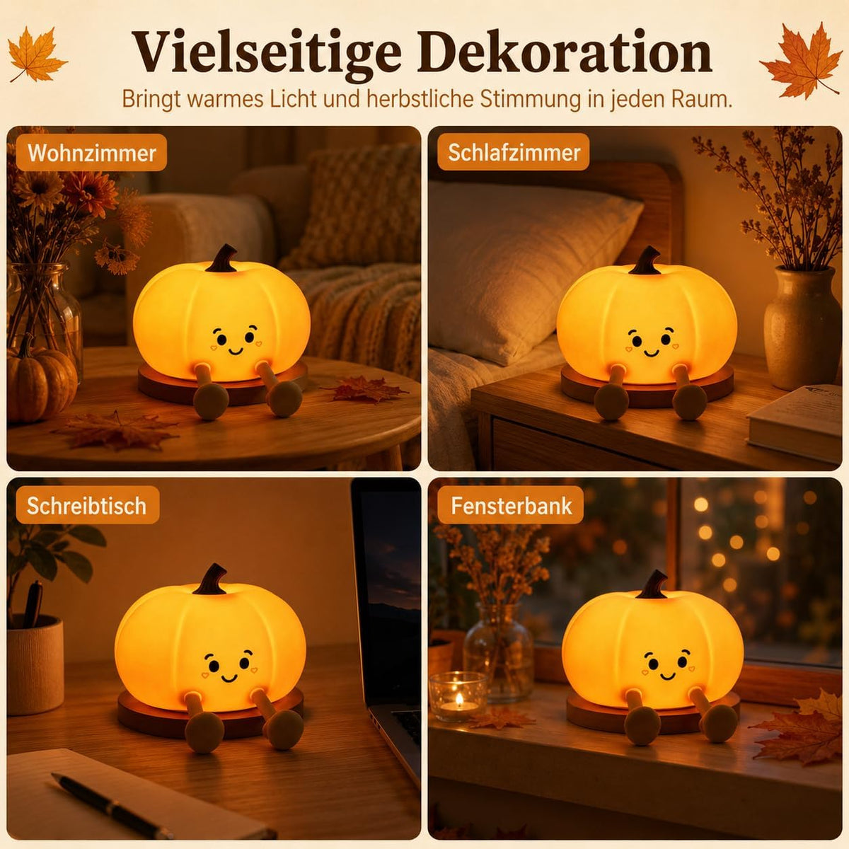 Herbst Kürbis Lampe Halloween Deko LED Nachtlicht mit Touch Dimmer