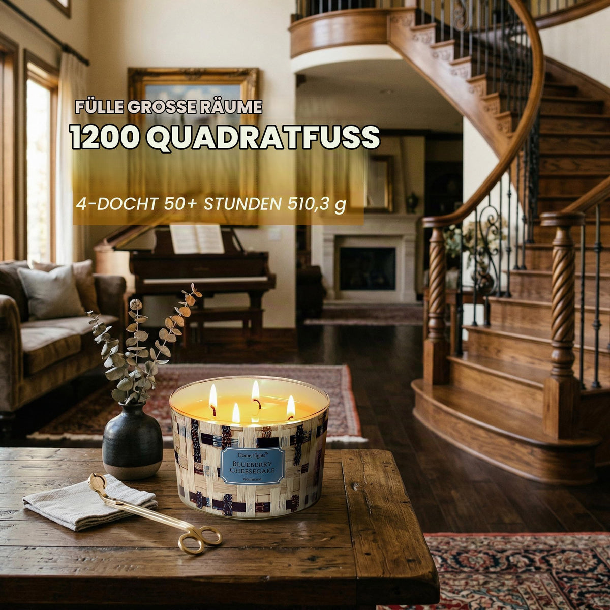 Home Lights Duftkerzen im glas 510g Soja Kerzen 4-Wick Kerzengläser Aromatherapie, Rauchfrei, 50h vollverbrannte Duftkerze Herbstkranz