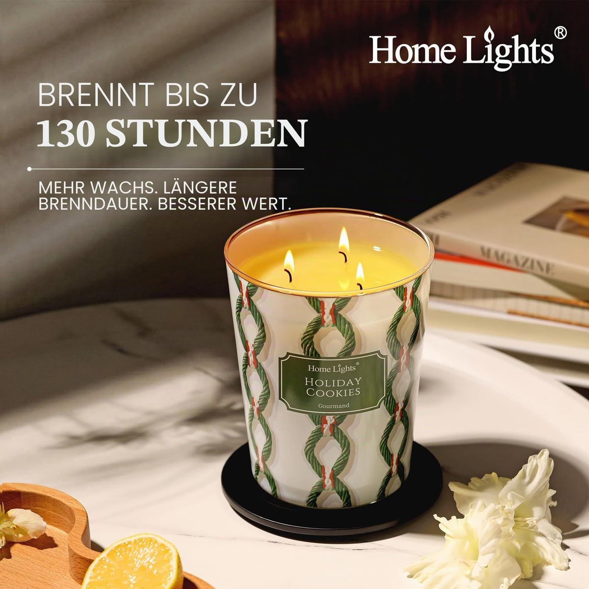 Home Lights Duftkerzen im glas 510g Soja Kerzen 4-Wick Kerzengläser Aromatherapie, Rauchfrei, 50h vollverbrannte Duftkerze Herbstkranz