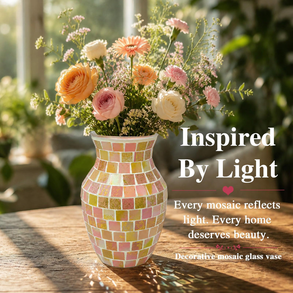 Braune Mosaik Glasvase, Dekovase aus Glas für Blumen und Tischdeko