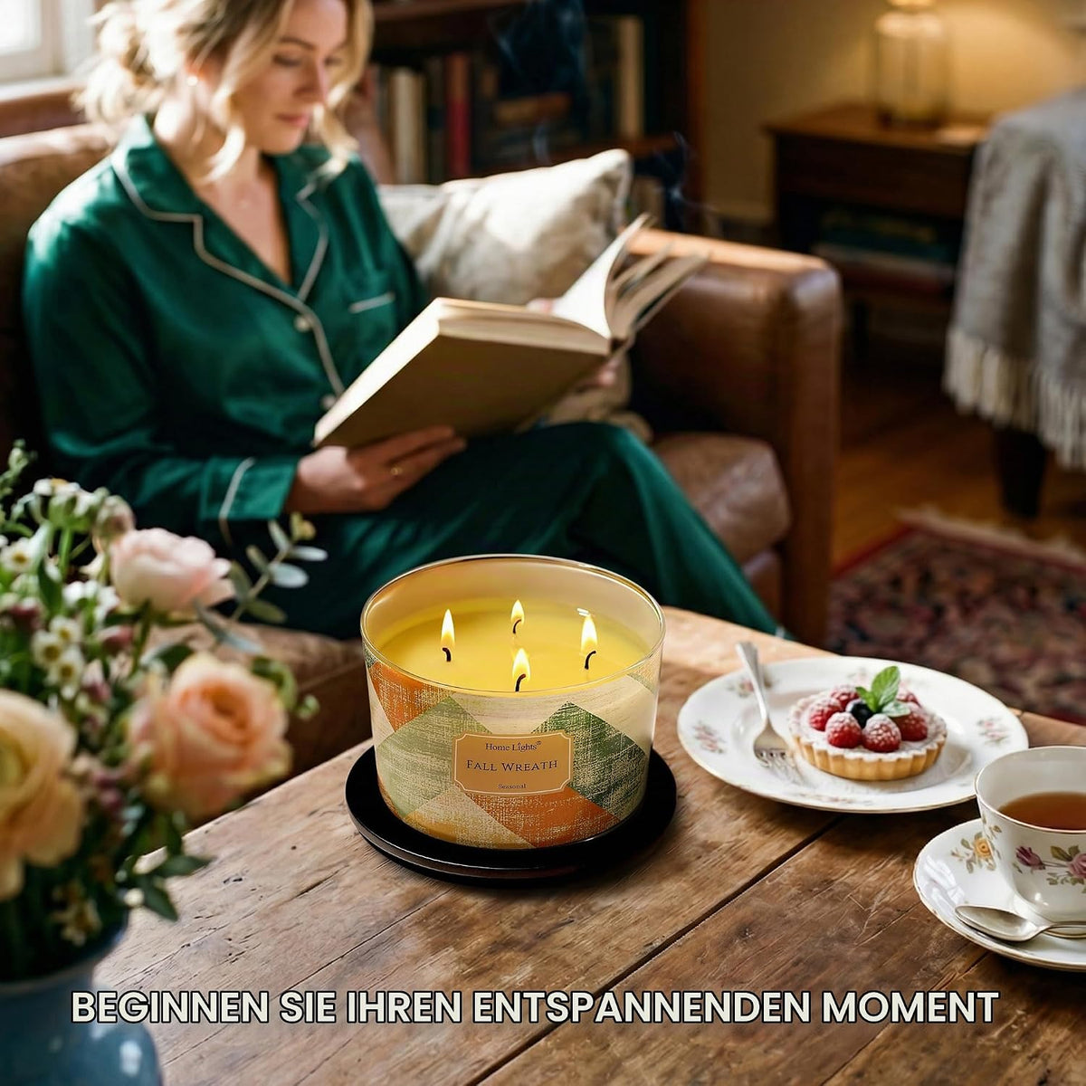 Home Lights Duftkerzen im glas 510g Soja Kerzen 4-Wick Kerzengläser Aromatherapie, Rauchfrei, 50h vollverbrannte Duftkerze Herbstkranz