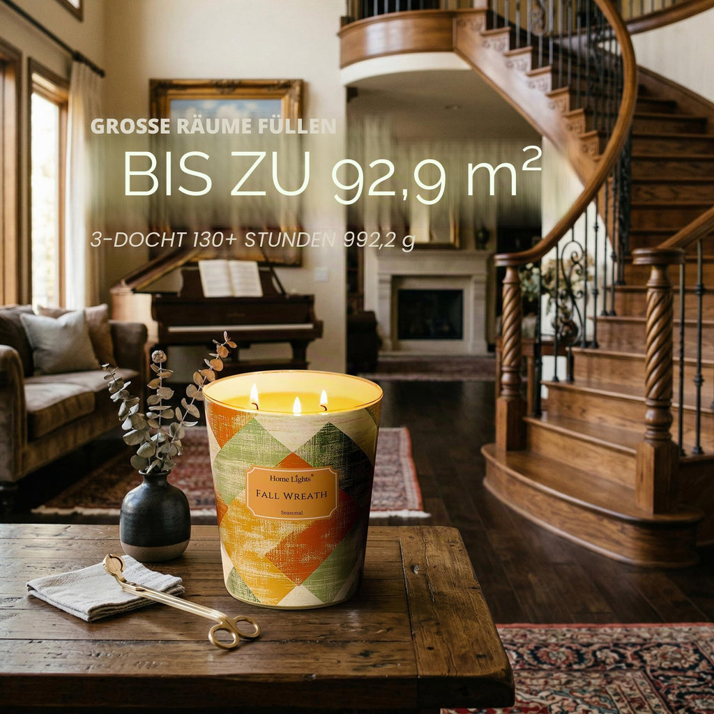Home Lights Duftkerzen im glas 510g Soja Kerzen 4-Wick Kerzengläser Aromatherapie, Rauchfrei, 50h vollverbrannte Duftkerze Herbstkranz