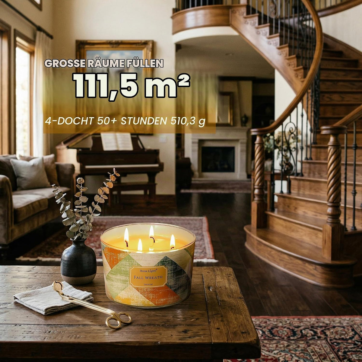 Home Lights Duftkerzen im glas 510g Soja Kerzen 4-Wick Kerzengläser Aromatherapie, Rauchfrei, 50h vollverbrannte Duftkerze Herbstkranz