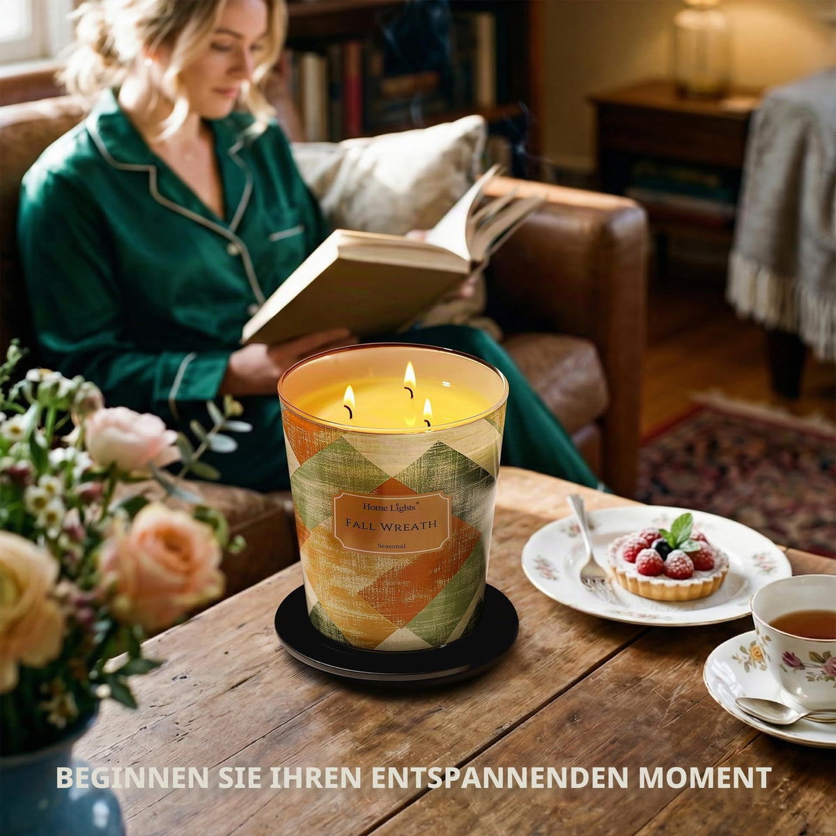 Home Lights Duftkerzen im glas 510g Soja Kerzen 4-Wick Kerzengläser Aromatherapie, Rauchfrei, 50h vollverbrannte Duftkerze Herbstkranz