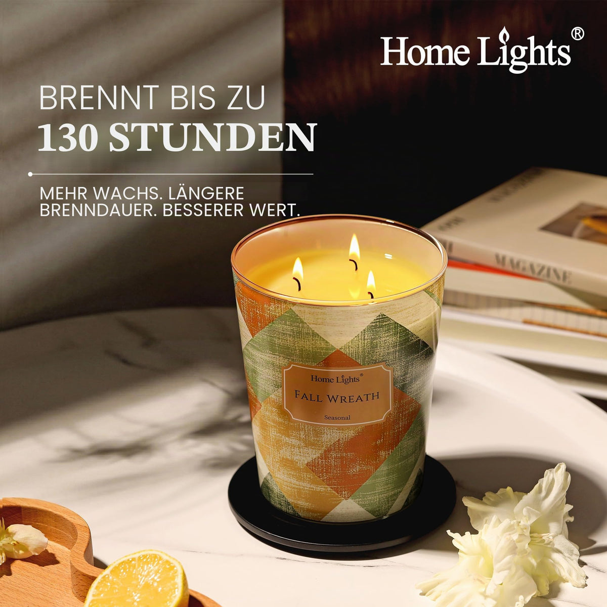 Home Lights Duftkerzen im glas 510g Soja Kerzen 4-Wick Kerzengläser Aromatherapie, Rauchfrei, 50h vollverbrannte Duftkerze Herbstkranz